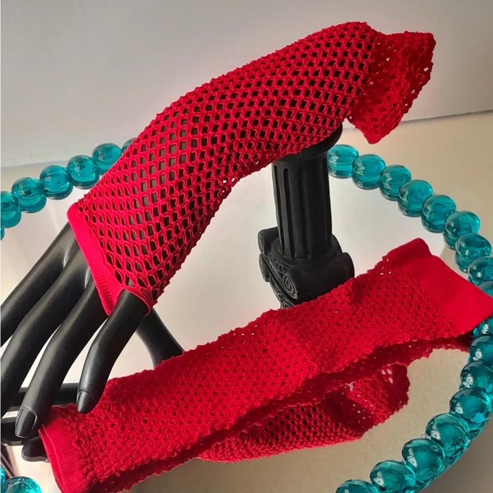 Fingerless Fishnet Red Arm Sleeve Mesh Gloves